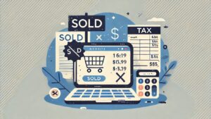 サイト売却と税金に関するミニマルなベクターイラスト。売却済みのノートパソコン、税金関連書類、電卓の抽象的なデザイン。