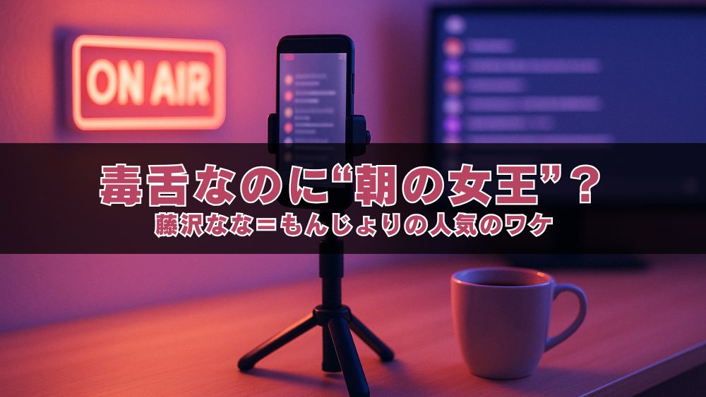 配信中のスマートフォンと「ON AIR」ネオン、ライブチャットが映る背景のデスク風景